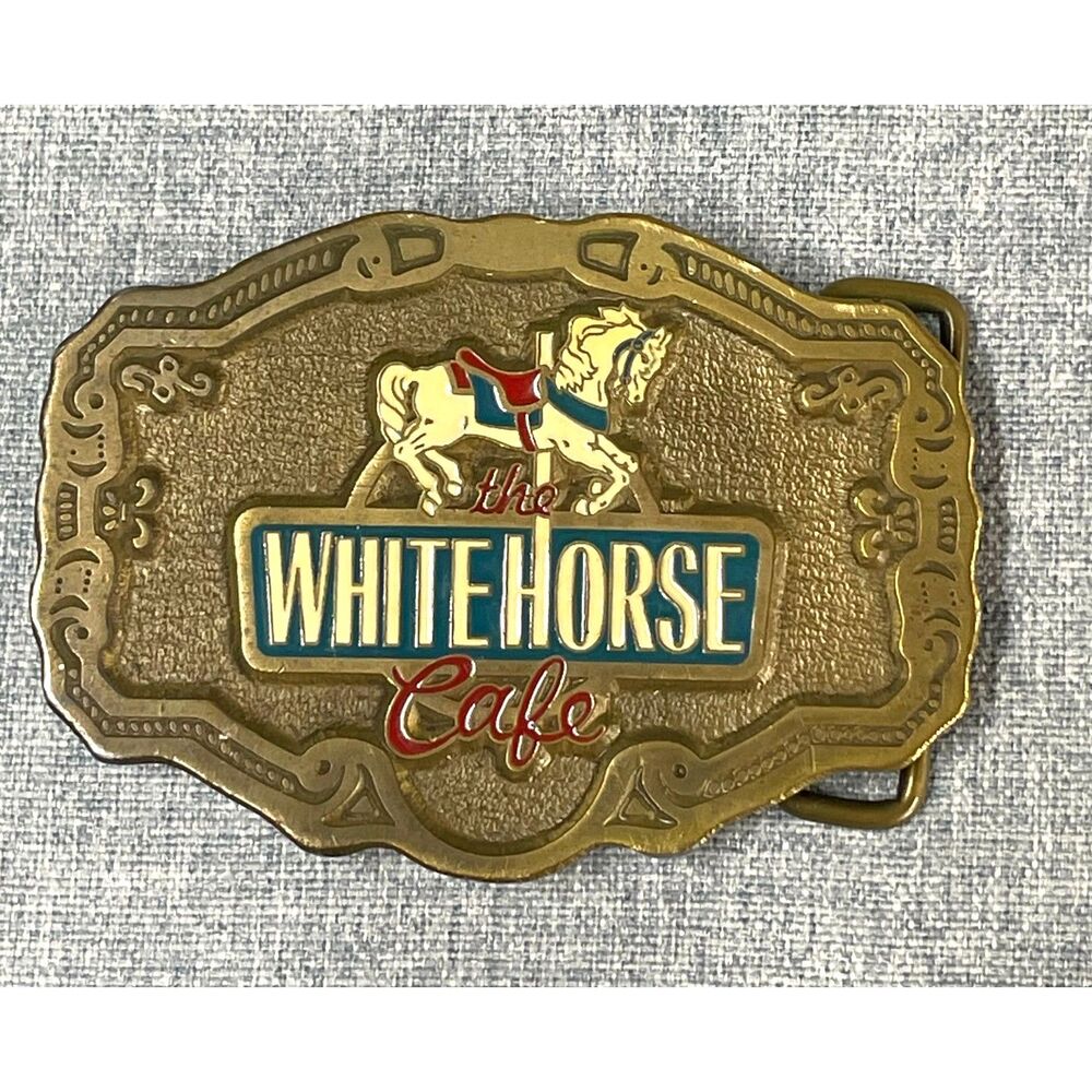 Vintage 70s 80s CD Hit White Horse Cafe Horse Belt Buckle Made in USA